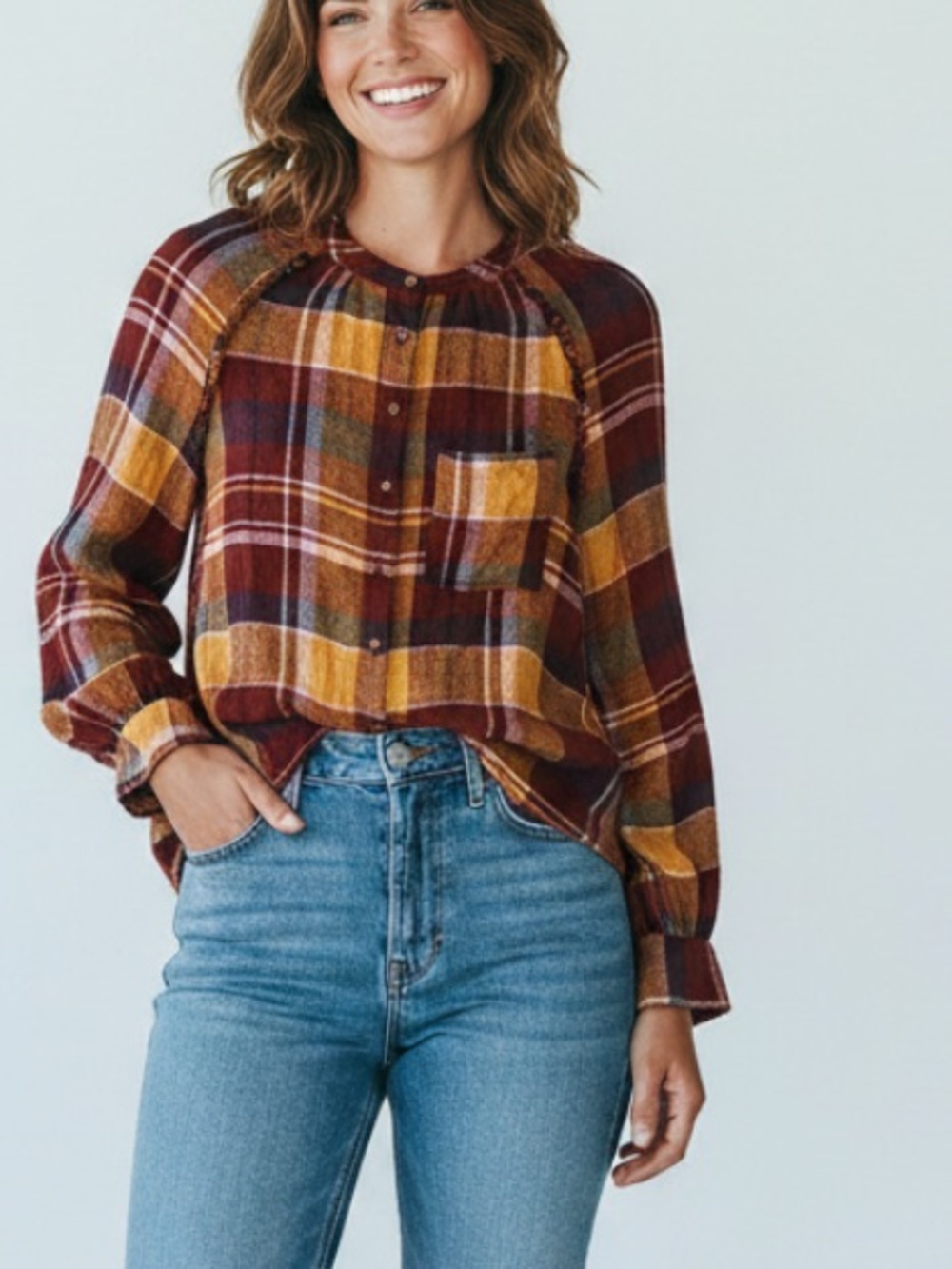 Anthropologie Pilcro Plaid Button-Down Shirt in Mustard and Burgundy